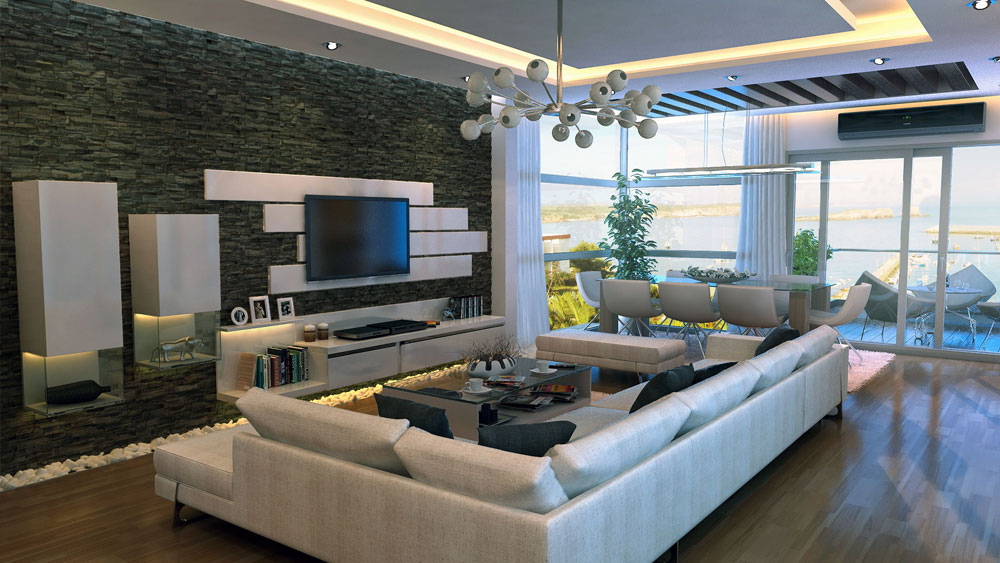Modern Stone Feature Wall Living Room - Interior Design Ideas