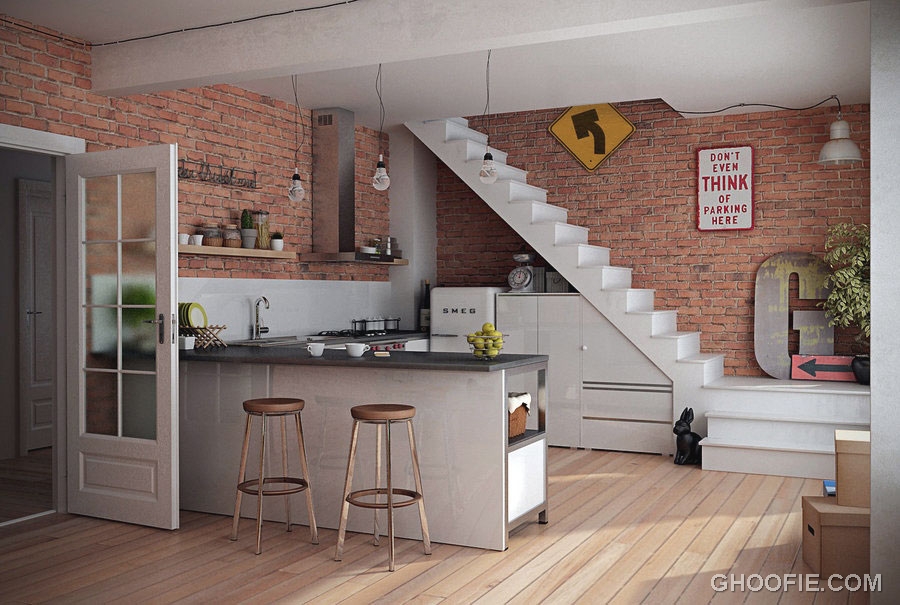 Modern Kitchen with Brick Wall Decor - Interior Design Ideas