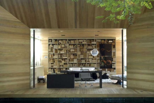 Modern Open Library Space with Wood Wall Decor - Interior Design Ideas