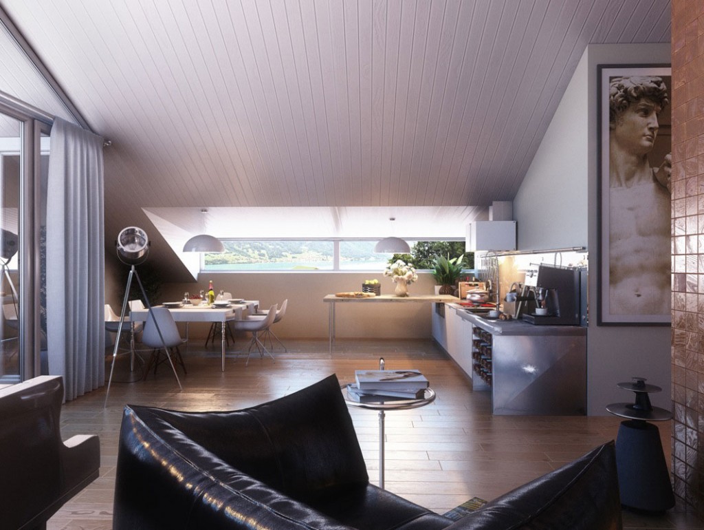 Open Kitchen Dining Area with Black Leather Sofa