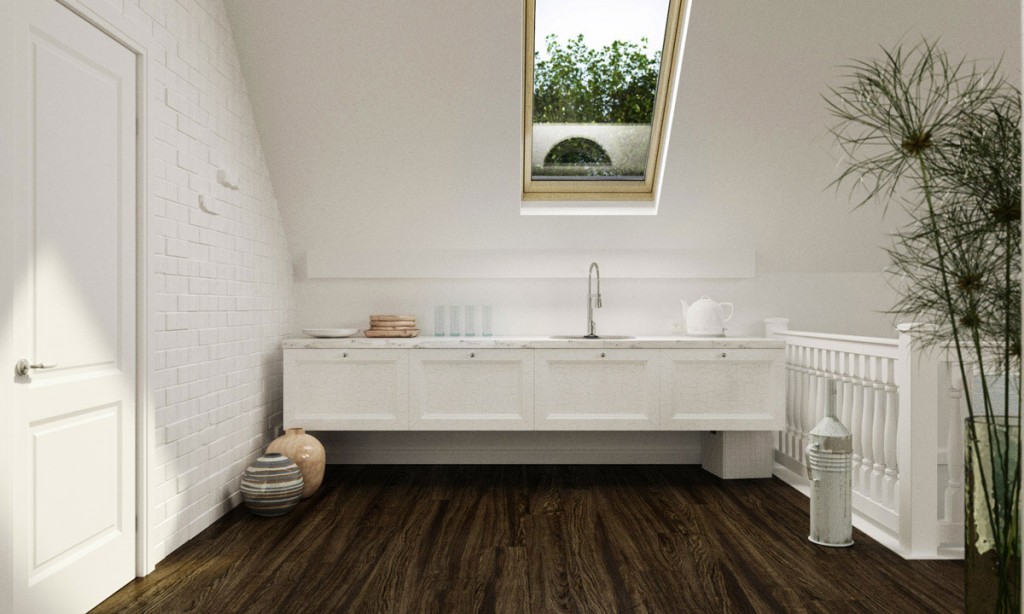 White Attic Kitchen with Sloped Ceiling