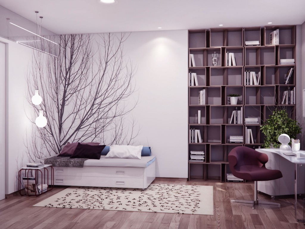 Neutral Nature Inspired Bedroom with Modern Bookshelves