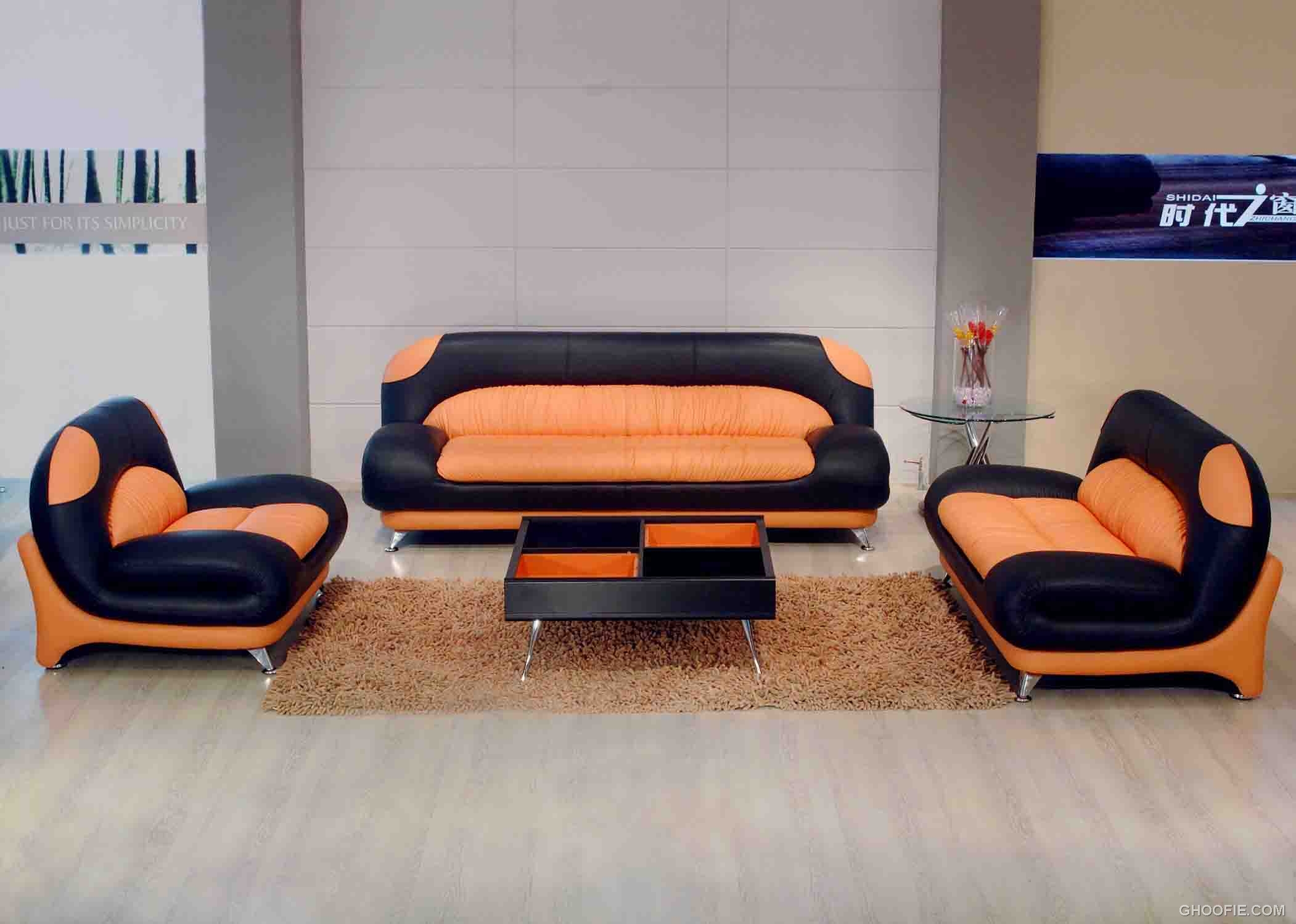 Classical Orange And Black Leather Sectional Sofa 